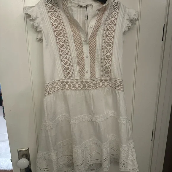 Alice + Olivia White Embroidered Ruffle Sleeve Dress - Picture 5 of 6